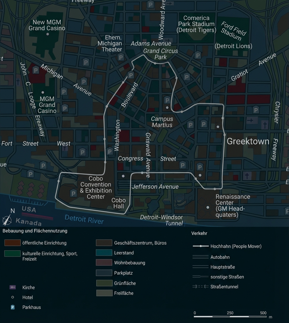 Stadtplan der Innenstadt mit Gebäuden, Parks, Parkplätzen, Straßen, People Mover und Legende